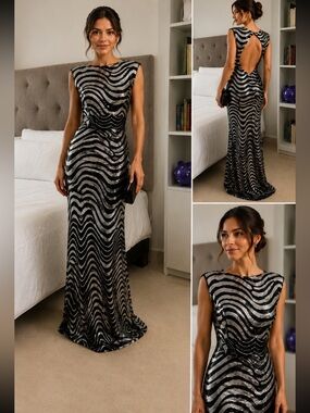 Black & Silver Sequin Wave Maxi Dress -